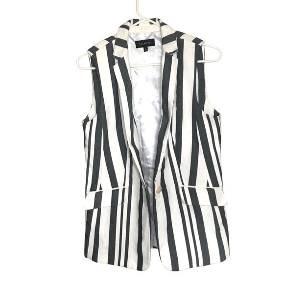 Talbots Black White Striped Linen Blend Sleeveless Blazer Vest S/M - Picture 3 of 10